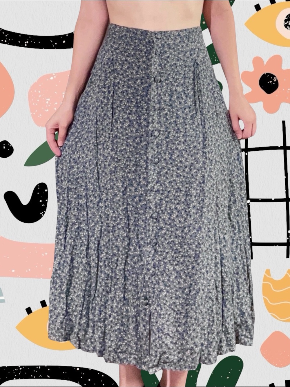Sag Harbor | Vintage Blue Floral Button Front Maxi Skirt